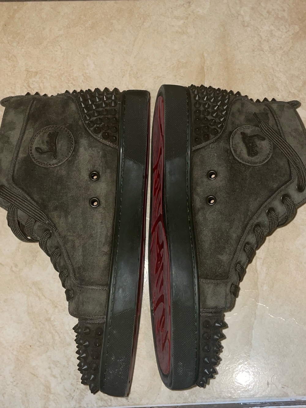 Olive green spiked Christian Louboutin Suede High Top Sneakers